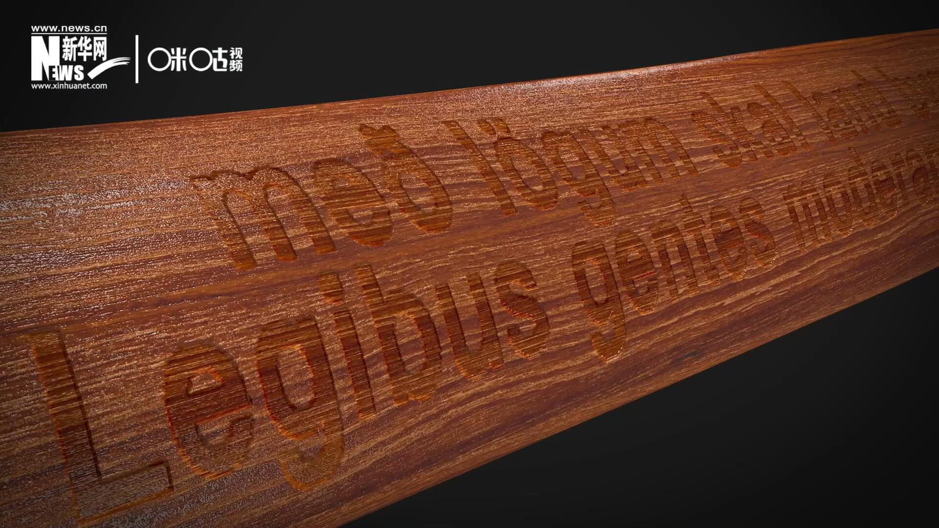 這把木槌尺寸超大、顏色棕紅、精雕細(xì)刻，上面刻有&ldquo;社會(huì)必須建立在法律的基礎(chǔ)上&rdquo;。