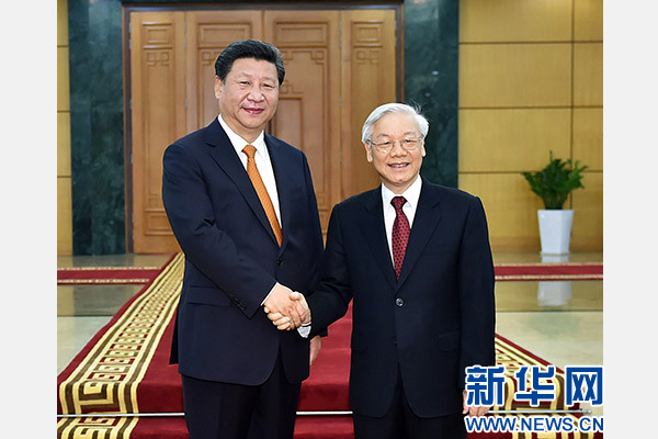 11月5日，中共中央總書記、國家主席習近平在河內同越共中央總書記阮富仲舉行會談。 新華社記者李濤攝